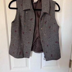 Talbots Brown Herringbone Vest with Embroidered Details
